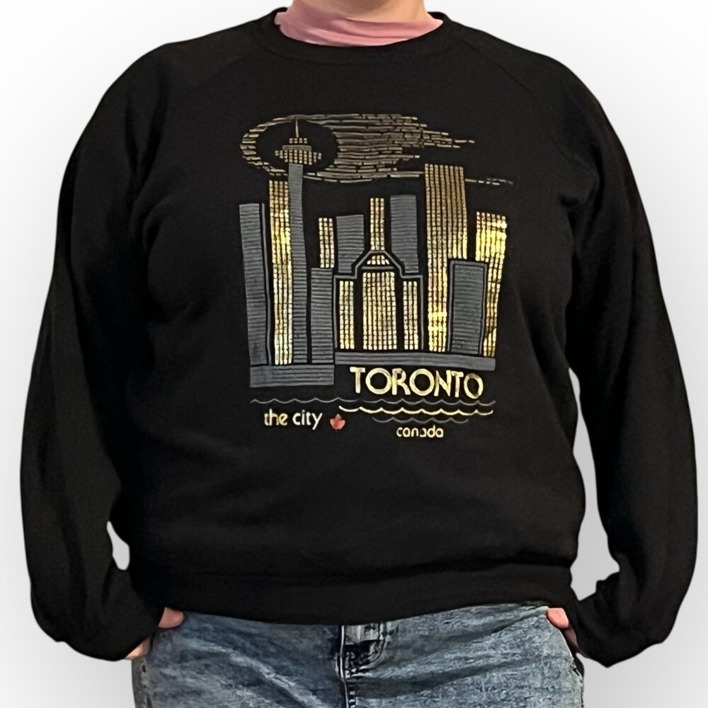 VTG 80s Toronto Canada Sweatshirt Adult XL Black Gold Skyline CN Tower Graphic